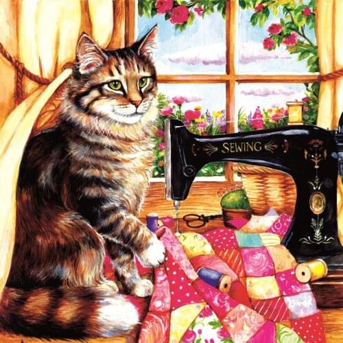 JMINE Div 5D Cat Sewing Machine Window Full Diamond Painting cross stitch kits art High Quality Animal 3D paint by diamonds