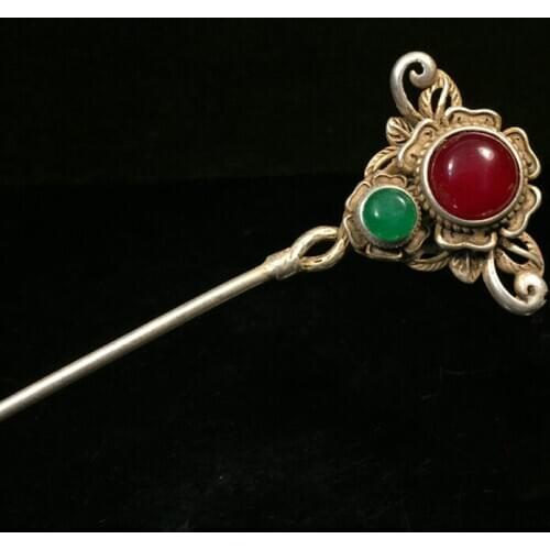 Collection of Chinese vintage Miao silver hollow hairpin inlaid with gemstone ethnic hair ornaments one piece (send one randomly