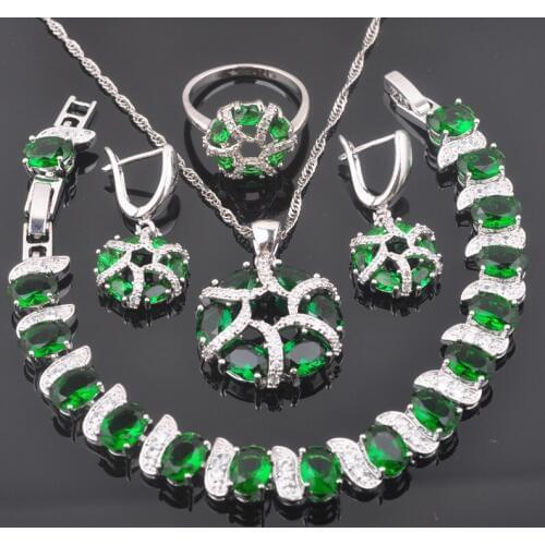 Amazing Green Cubic Zirconia Jewelry Sets For Women Costume Earrings Ring Necklace Bracelet Set Anniversary Present QS442