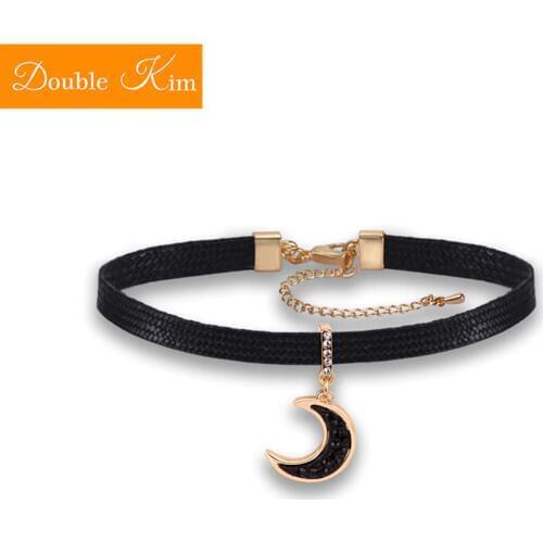 Moon Black Zircon Choker Titanium Stainless Steel Leather Strap Zircon European USA Fashion Trendy Women Jewelry Gift