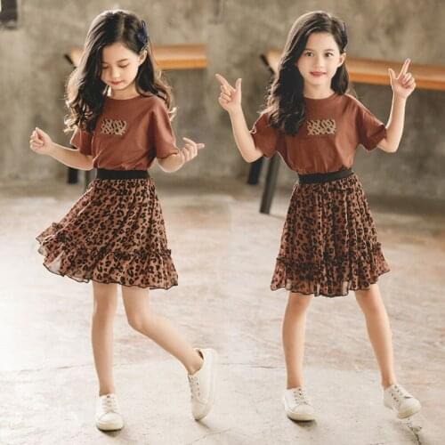 Summer ChildrenS Clothing Girls Suits 2021 New Letter Short-Sleeved + Leopard Skirt Two-Piece Casual Large Kids Teenager Sets