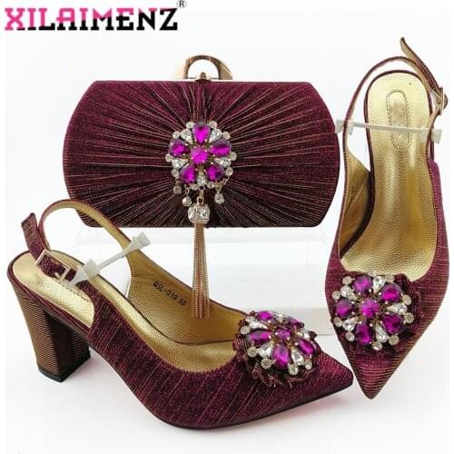Magenta Fashion Design Lady Sandals Women Classics 2020 Italian Women Wedding Shoes and Bag Set with Shinng Crystal Party Pumps