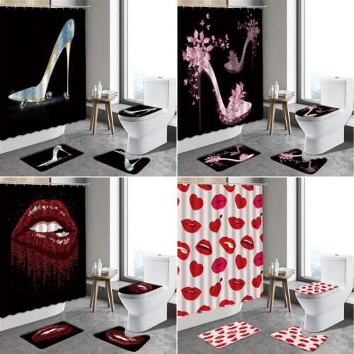 Red Lips Bathroom Curtain Set High Heel Bath Mat Black Curtains Art Decor Fabric Non-Slip Rug Toilet Cover With Hook Indoor Mats