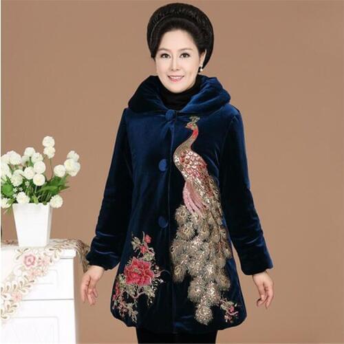 New arrival fashion Embroidery womens cotton-padded jacket winter medium-long gold velvet wadded jacket plus size jacket