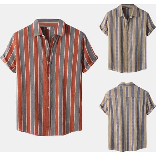 Mens Shirts Casual Vertical Stripe Shirt Short Sleeve Button Turn-Down Collar Shirts Summe Plus Size Shirts camisas de hombre