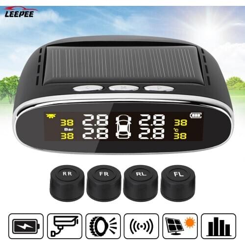 With 4 Internal/External Sensor Car Tire Pressure Alarm Monitor System Waterproof Intelligent Solar Power TPMS Temperature Alert
