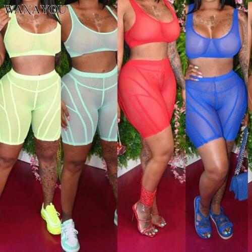 WANAYOU Sexy Mesh Yoga Set Women Solid Color Breathable Vest + Sports Shorts Suit Summer Casual Fitness Running Workout Set