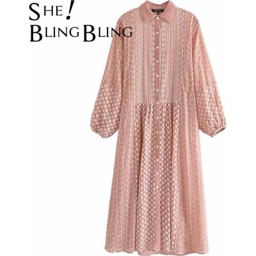 SheBlingBling Chic Embroidered Hollow Out Women Casual Shirt Dress Summer Single Breasted Long Sleeve A-Line Midi Dress Female