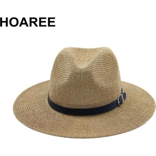 HOAREE Panama Hat Summer Sun Hats for Women Man Sombrero Beach Straw Fedora Hat UV Protection Cap Chapeau Khaki Wide Brim Trilby