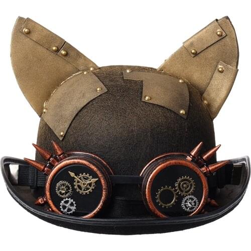 Women Punk Style Top Hat Cat Ears Steampunk Removable Goggles Fedora Club Party Head Wear