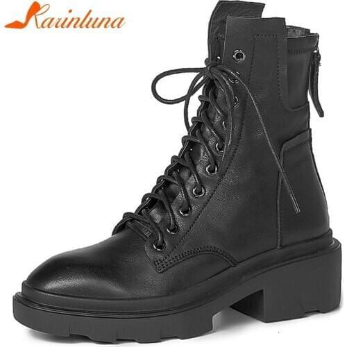 KARINLUNA New Ladies 2020 Motocycle Boots Autumn Chunky Heels Cross Tied Zip Women Boots Female Genuine Leather Women Shoes