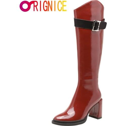 Orignice Riding Women Patent Leather Thick High Heel Knee High Boots Brand Designer Round Toe Zipper Ladies Shoes Big Size 34-42