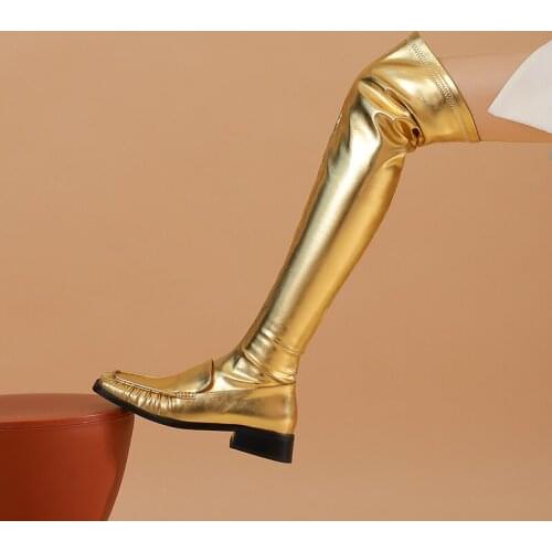 2021 New Winter Party Punk Fashion Women WESTERN Modern Boots Over-the-Knee Genuine Leather Square Toe Warm Stretch Shoes