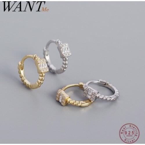 WANTME 925 Sterling Silver Luxury Simple Square Zircon Beads Ear Buckle Earrings for Women Bohemian Fashion Huggie Hoop Jewelry