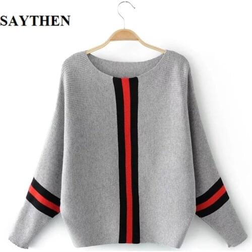 Saythen Leisure Knitted Sweater Women Pullover 2020 Winter And Autumn Fashion High Quality Vertical stripes Tops Female