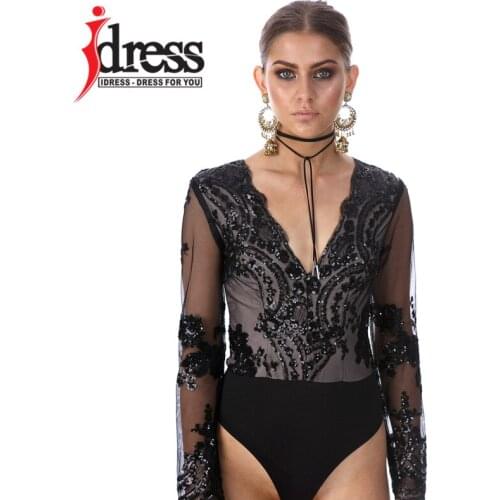IDress Grey White Green Black Gold Sexy Womens Sequined Bodysuit V-Neck Long Sleeve Club Party Jumpsuit Short Playsuit Romper