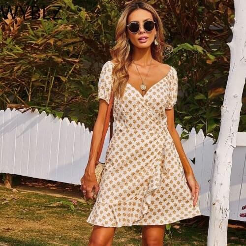 WYBLZ Floral Print Cottagecore Mini Dress V-neck Wrap Strap Ruffled Short Sleeve Dress Casual Summer Dresses for Women 2021 Robe