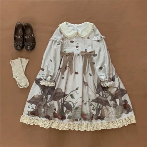 Pine Mushrooms&Squirrel Sweet Womens Lolita OP Dress Dress Lantern Sleeve Lace Bows Trim Cute One Piece Beige Elegant Dress