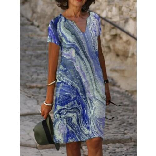 2021 Elegent Print Women Casual Dress V Neck Knee Length Dress Short Sleeve Bohemian Summer Vintage Dress Vestidos Party