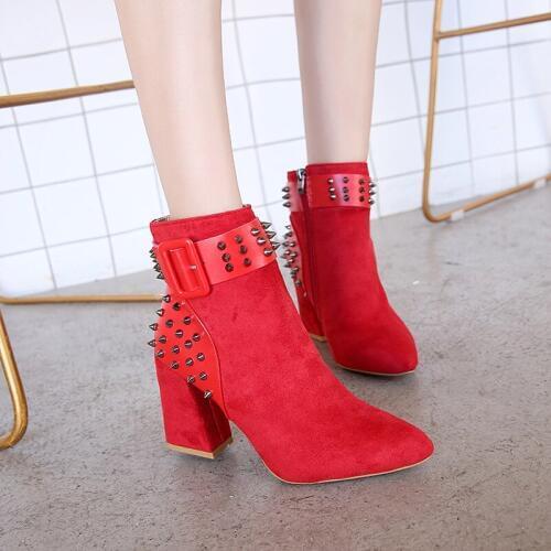 Ankle Winter Boots High Heels Women Fashion Flock Boots Red Black Block Heels Rivets Female Shoes Zip Buckle Sexy Women Pumps