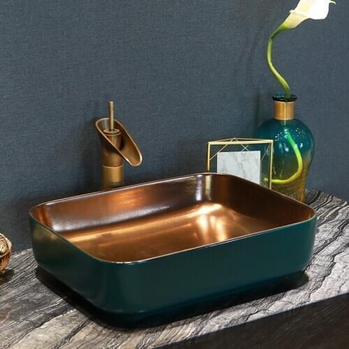 Gold and blue China Artistic Europe Style Counter Top porcelain wash basin bathroom sinks ceramic wash sink wash basin flower