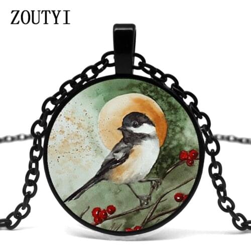 2018/New Little Robin Pendant Glass Fabric Photo Jewelry Round Necklace Birdcage Branch Pendant Cute Necklace