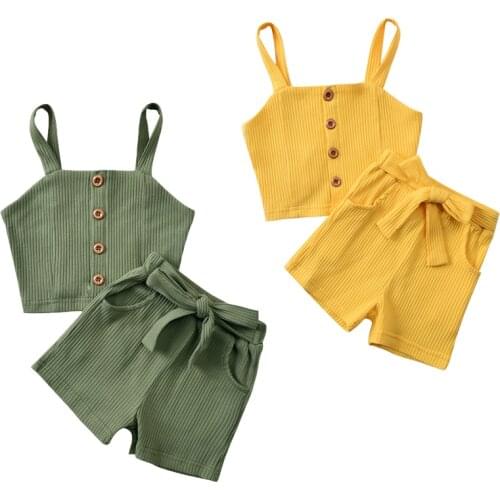 2021 Kids Baby Girls Clothes Sets 4 Colors Ribbed Set Spaghetti Straps Button Tops Short Pants 2-piece Suits Baby Summer Outfits