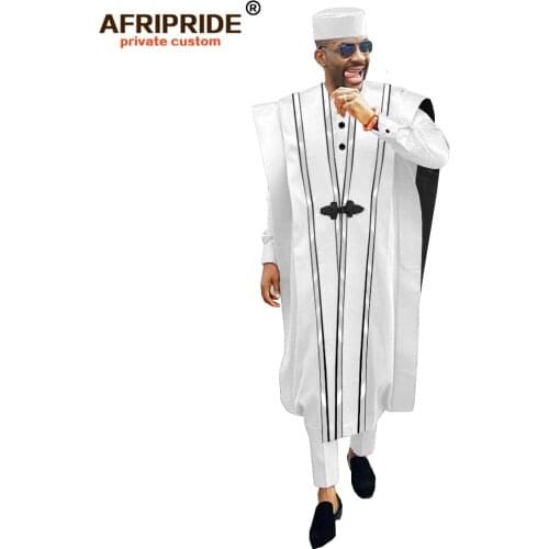 African Men Clothing Agbada Robe Dashiki Shirts Ankara Pants Tribal Hat Wedding Evening Outfits 4 Pieces AFRIPRIDE A1816011