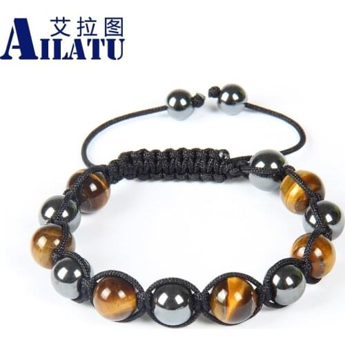 Ailatu Wholesale 10 Pcs Stone Macrame Bracelet Fashion Hematite and Tiger Eye Jewelry for Love or Friend
