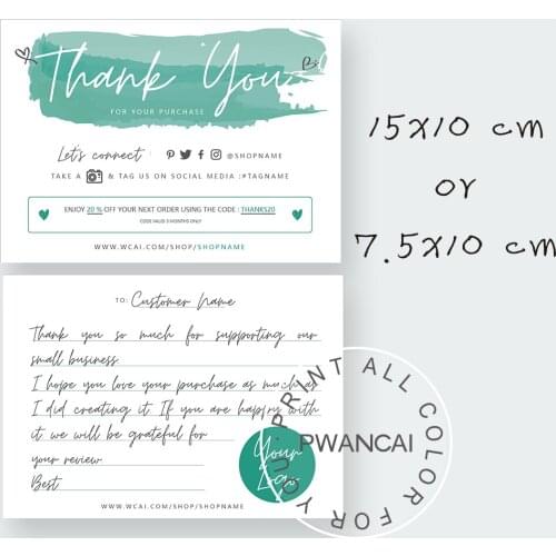 Teal Small Business Thank You Card, Watercolor Thank You for Shopping Notes and Cards Printable Template Insert 100/50/30PCs