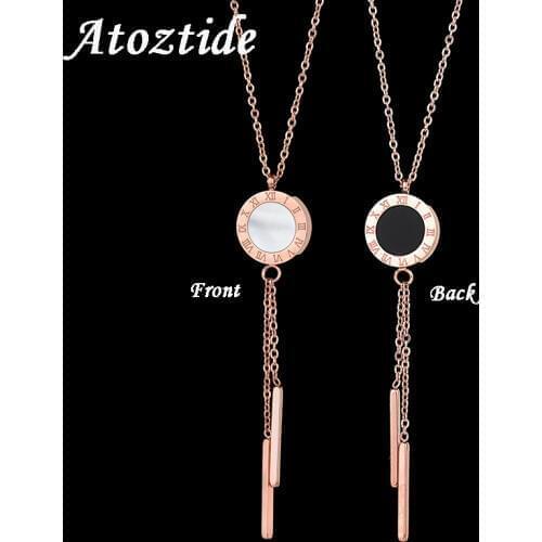 Atoztide Women Roman Numbers Double Side Shells Pendant Necklace Brand Stainless Steel Tassel Hollow Circles Chain Necklace