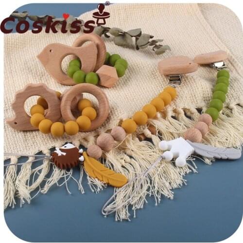 Coskiss New Baby Pacifier Clip Chain Nipples Children Pacifier Clips Pacifier Teether Teething Toy Cartoon Wooden Bracket