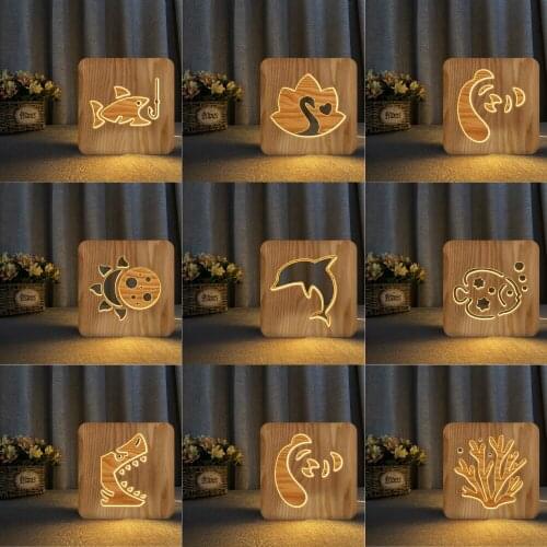 Wooden Shark Dolphin Fish OWL Lamp Novelty Kids Bedroom 3D Decoration Table Lamp Children Gift LED USB Night Light