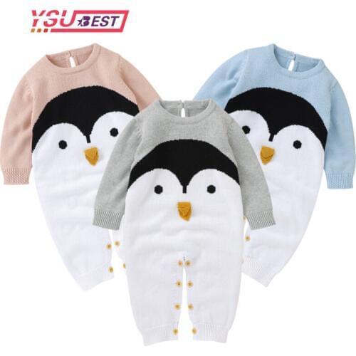 Baby Rompers Knitted Autumn Long Sleeves Cartoon Penguin Toddler Girls Jumpsuits Outfits Newborn Infant Boys Overalls Clothing
