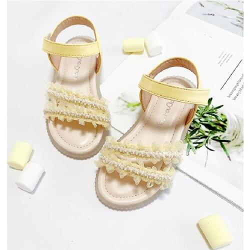 Girls Beads Lace Kids Sandals Girls Cute Princess Shoes Casual Flats 2021 New Summer Childrens Teenage Party Wedding Shoes