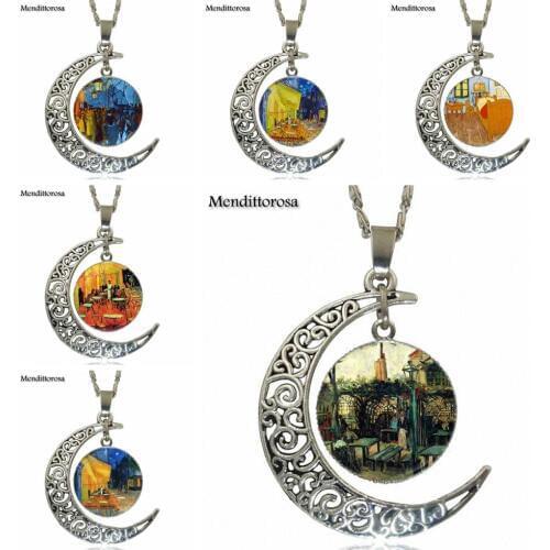 For Lovers Girl Friend Best Gift Van Gogh Cafe Terrace Glass Pendant Necklace Handmade Half Moon Pendant Necklace