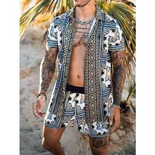 Mens Hawaiian Print Sets 2021 Summer Short Sleeve Shirt+Beach Shorts Coconut Print Men Casual Beach Set Two-piece S-3XL