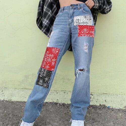 Ripped Blue Y2K Straight Mom Jeans For Girls Female 2021Fashion Patched Womens Vintage Denim Pants High Waisted Trouser Capri