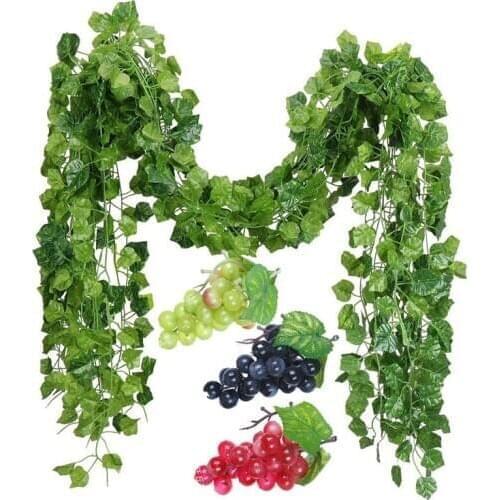 HOT SALE 12 Strands Artificial Fake Grape Vines Ivy Leaves with 3 Strings Grapes for Wedding Party Home Wall Decoration