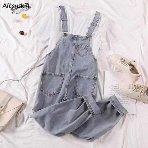 Jumpsuits Women Summer Ankle-length College Jumpsuit Stylish Pockets Straight Clothing All-match Harajuku Casual Solid Female BF