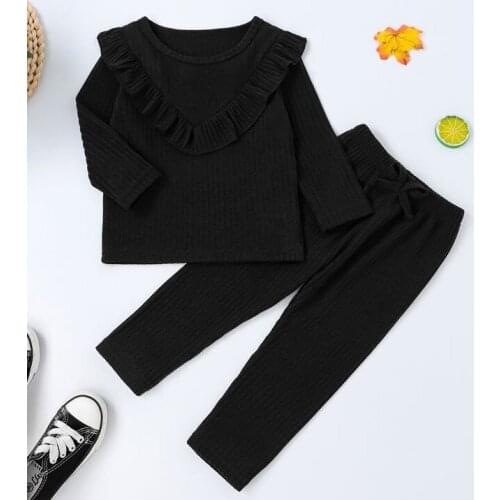Girl’s T-shirt and Trousers Suit Fashion Solid Color Ruffles Long Sleeve Tops and Long Pants