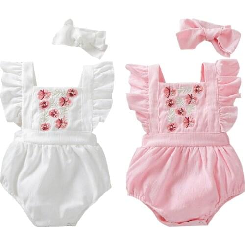 0-24M Summer Lovely Baby Girls Rompers Flowers Embroidery Ruffles Short Sleeve Jumpsuits