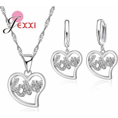 Best Gifts Shining Crystal LOVE Design 925 Sterling Silver Sweet Heart Excellent Surprise Anniversary Necklace Earring Pendant