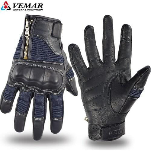 VEMAR Motorcycle Gloves Leather Vintage Cowboy Cycling Protective Gloves Guantes Moto Bike Racing Anti-fall Denim Retro Gloves