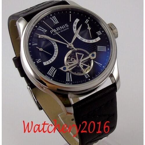 43mm PARNIS Black Dial Deployment SS ST 2505 Automatic Power Reserve mens Watch