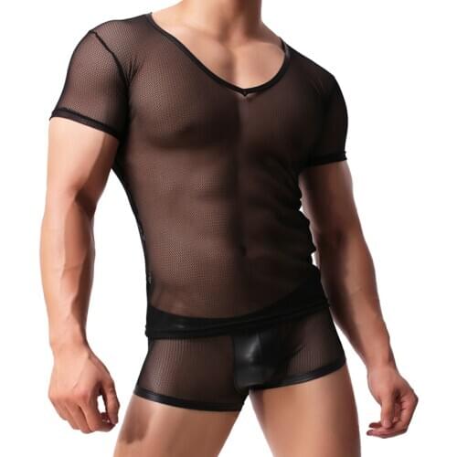 Man Undershirt/Men Sexy Mesh Sheer T Shirts/Male Mesh Transparent V-neck Short Sleeves Inner Tops