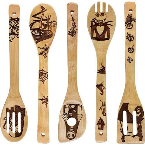 5 Pcs/lot Wooden Spoons Set Halloween Wood Spatula Spoon Set Nonstick Kitchen Utensil Set Natural Cooking Bamboo Utensil Set