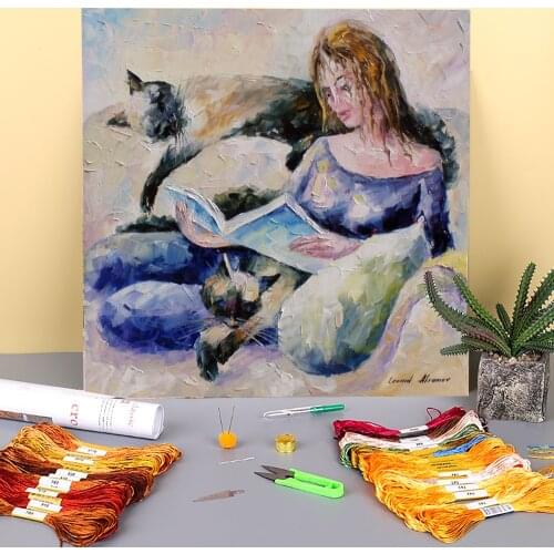 Oil Style Lady Cat Pre-Printed 11CT Cross-Stitch DIY Embroidery Complete Kit DMC Threads Knitting Needlework Sewing Floss