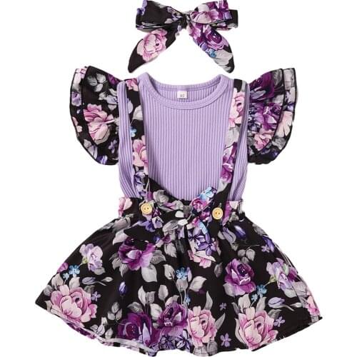 New Girls Floral Print Clothes Set, Flying Sleeve O-neck T-shirt + Short Suspender Skirt + Bow-knot Headband