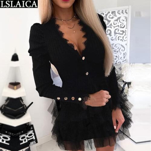 Wholesale dresses ladies long sleeve mesh lace patchwork black ladies dresses high waist casual female clothing button design